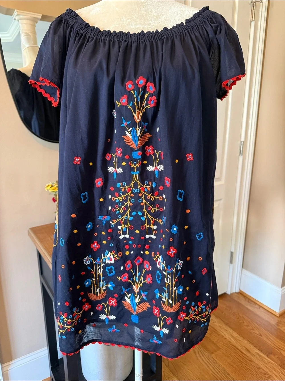 Tory Burch Embroidered On or Off Shoulder Peasant Tunic Dress Navy Size Small